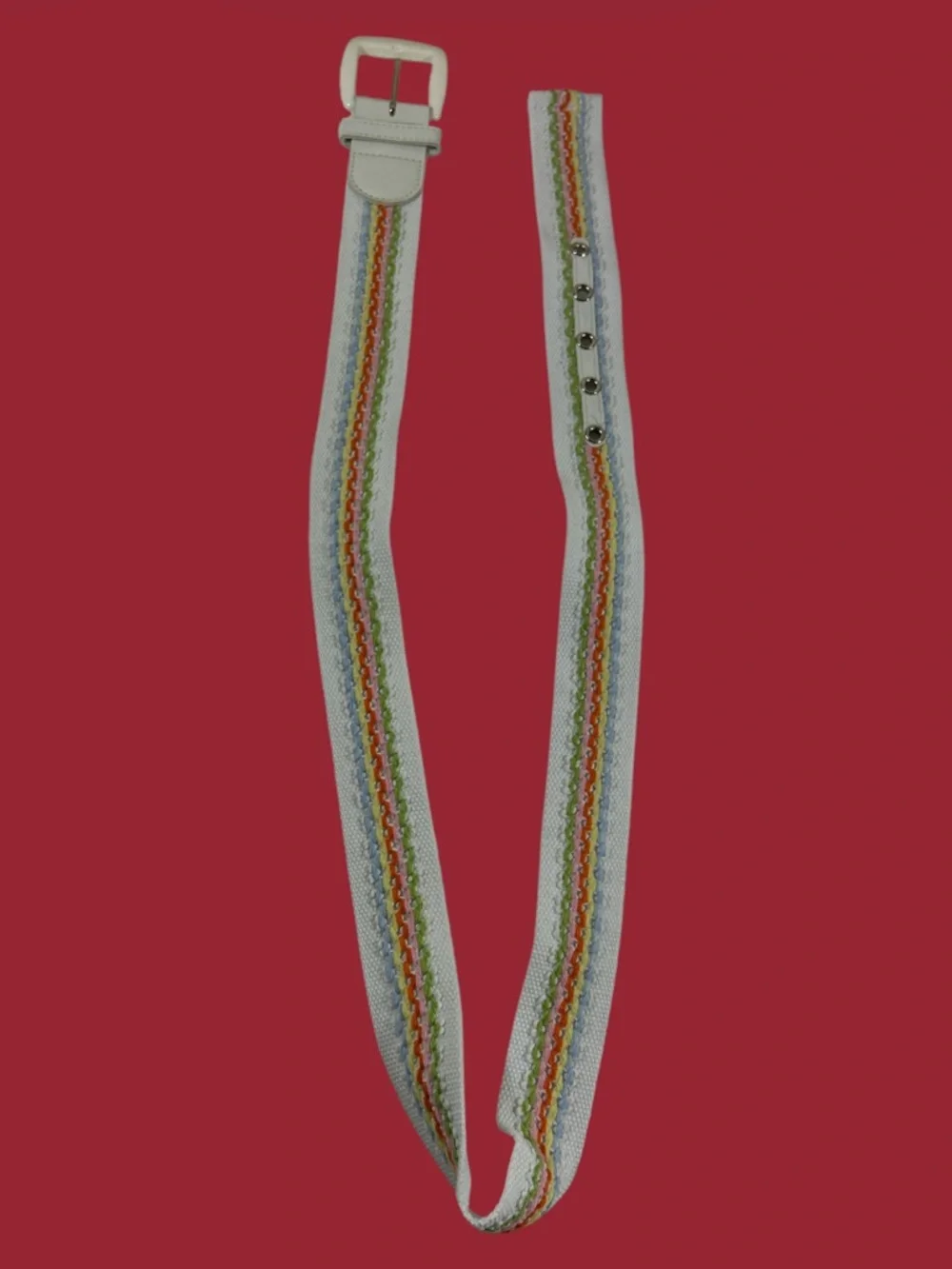 Boutique Boho Embroidered Canvas Belt White Rainbow Stripes‎ Size 13